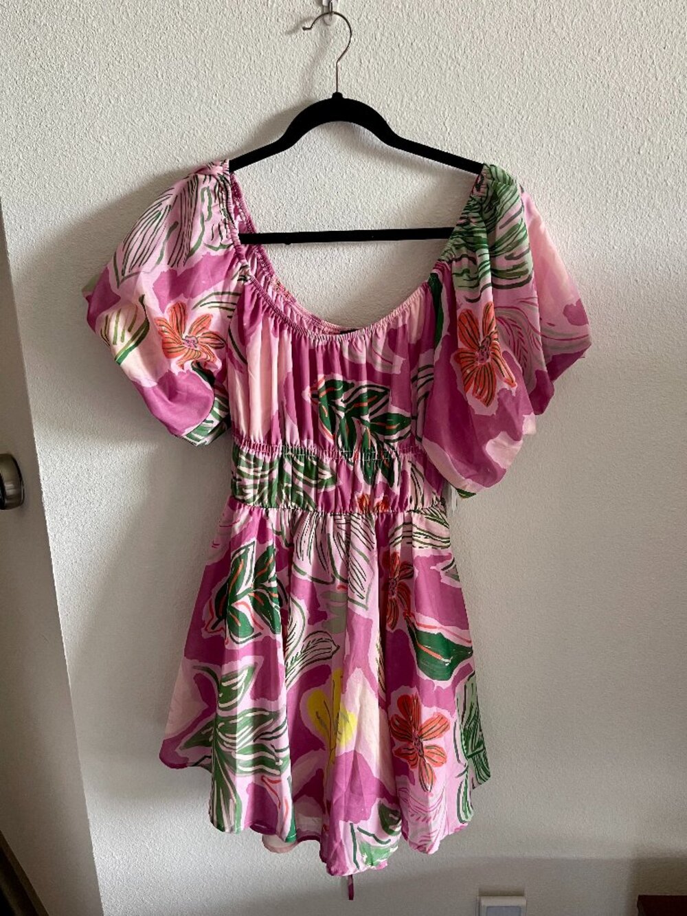 NWT Midnight Doll Floral Puff Sleeve Dress Pink Large L Smocked Waist